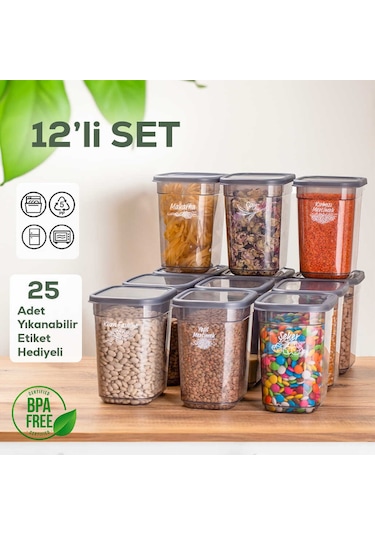 Porsima 2047 Etiketli Kapaklı Dikdörtgen Çok Amaçlı Gıda Erzak Saklama Kabı Seti 2 L 12'li
