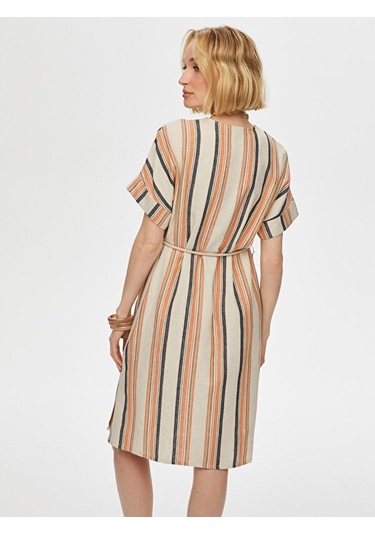 Çizgili Gömlek Yaka Kemerli Keten Karışımlı Elbise S25elb040 Us25elb04034 Bej