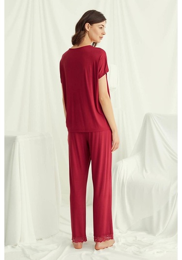 Monamise 18495 Kadın V Yaka Kısa Kollu Pijama Takımı-kırmızı Kırmızı