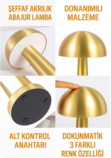 Mantar Masa Lambası Gold Şarjlı Dokunmatik 3 Renk Ayarlanabilir