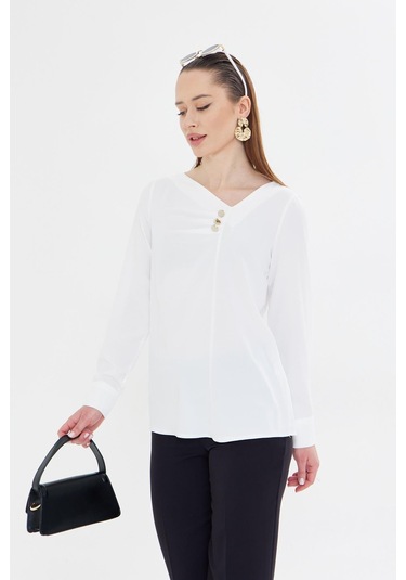 Yakası Pileli Ve Düğme Detaylı Gömlek Ekru Ekru