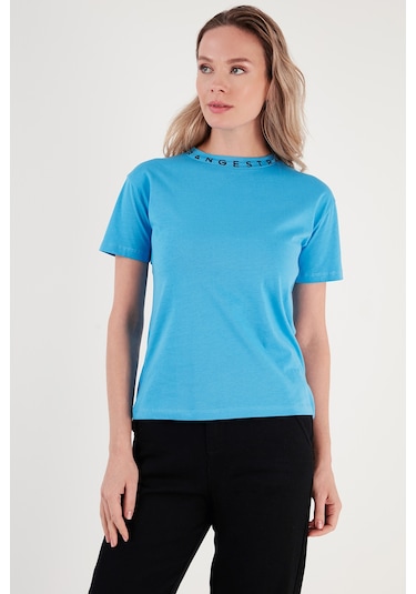 Lela Yakası Baskılı Bisiklet Yaka Basic Örme Bayan T Shirt 5864054 Bebe Mavi