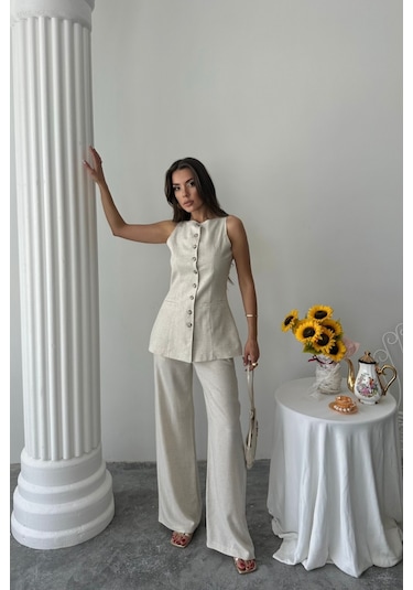 Sensuelle Keten Yelek - Pantolon Takım - Taş Altın