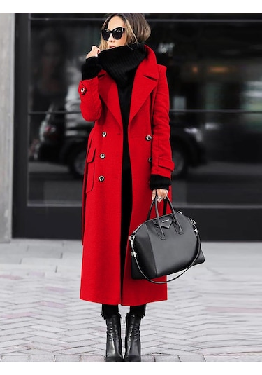 Kadın Sonbahar Ve Kış Yün Palto Kırmızı