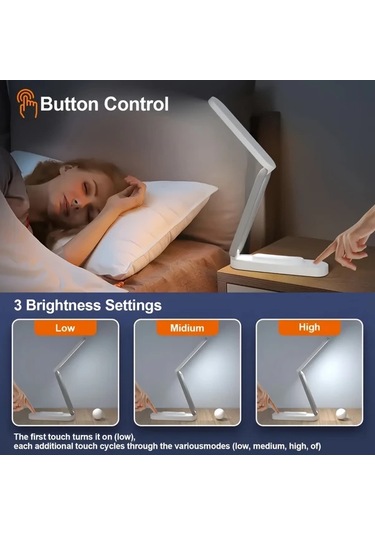 Boatshop1 Beyaz 1pc Katlanabilir Led Masa Lambası 3 Parlaklık Şarj Edilebilir Ayarlanabilir Göz Koruma Okuma Lambası Ev Ofis Seyahat Beyaz