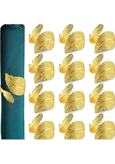 Geeroyoo 12'li Set Altın Yaprak Desenli Şık Peçete Halkası - Masanıza Zarafet Katın Altın