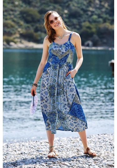 Yırtmaçlı Askılı Bohem Elbise 001