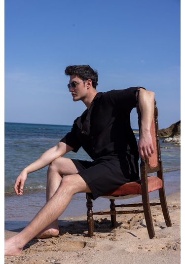 Siyah Renk Gömlek Şort Erkek Keten Takım-1745 Siyah