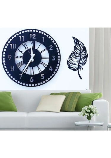 Dekoratif Duvar Saati + Yapraklı Tablo Siyah