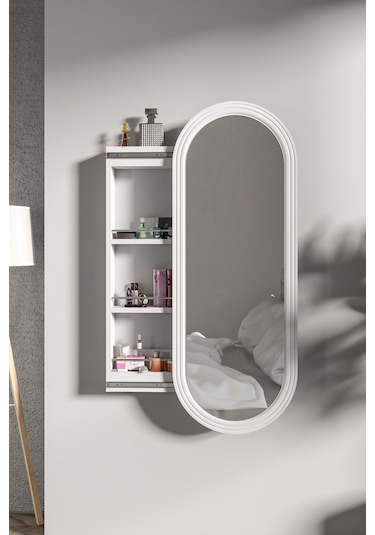 Çok Amaçlı Aynalı Takı Dolabı Mdf Kapak - Beyaz - Oval Çerçeve