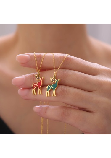 925 Ayar Gümüş Mineli Yılbaşı Geyik Figürü Kolye Gold