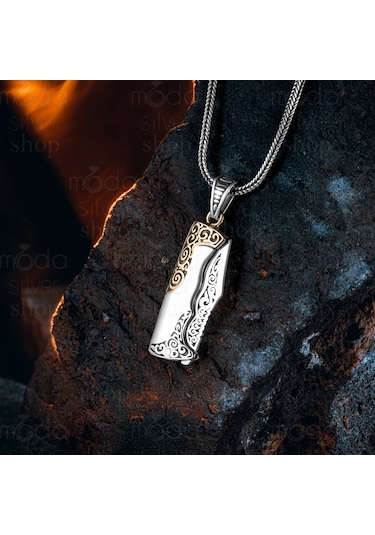 925 Ayar Gümüş Avcı Bıçağı Tasarım Açılır Kapanır Erkek Kolye Gümüş