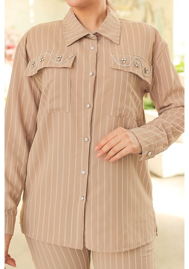 Taşlı Keten Tunik Pantolon İkili Takım 834 - Taş