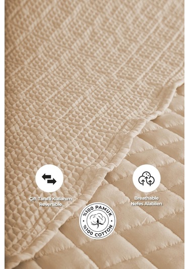 Evlen Home Joy Pamuklu Yatak Örtüsü Seti Çift Kişilik 3 Parça Elyaf Dolgulu Yumuşak Günlük Yıkanabilir Bej