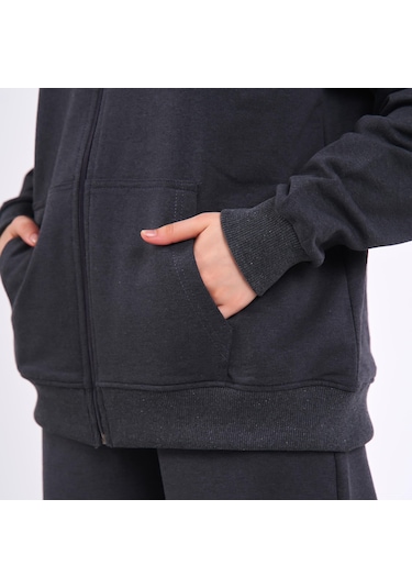MMetalic Antrasit Kanguru Cepli Kapüşonlu Fermuarlı Oversize Kadın Sweatshirt Antrasit