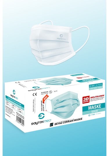 Saytekmed Meltblown Filtreli Yassı İpli 3 Katlı Beyaz Maske (1 Kutu - 50 Adet)