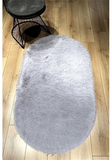 Raschel Carpet Oval Kesme Yolluk Kaymaz Taban Kalın Yumuşak Peluş Halı Özel Taban Açık Gri Açık Gri