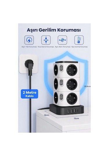 12 Li Kule Tipi Çoklu Priz 3 Usb 1 Type-c Gece Lambalı 3680w Bağımsız Anahtarlı 1 - 3 M