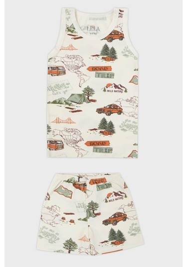 Lela Desenli Streç Pamuklu Bisiklet Yaka Atlet Boxer 2'Li Iç Giyim Erkek Çocuk Takım 6651010 Ekru-Yeşil