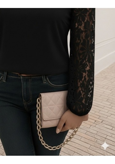 Tua Moda Kadın Uzun Kollu Asimetrik Yakalı Dantelli Ithal Krep Bluz Siyah