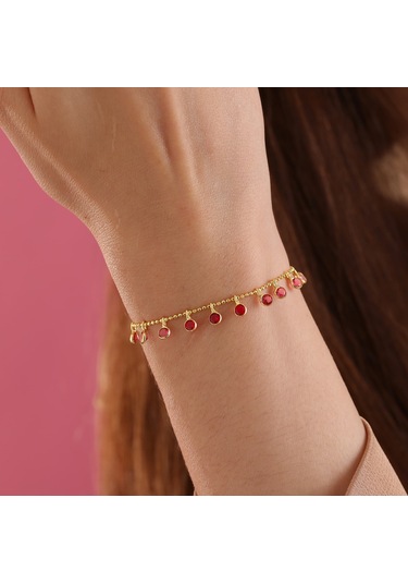 Queen Silver Jewelry 925 Ayar Gümüş Kırmızı Renk Geçişli Top Zincirli Bileklik Altın
