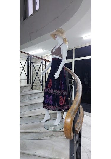 Hint Batik Çiçek Desenli Ve İşlemeli Uzun Hint Anvelop Etek Lacivert