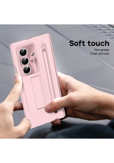 Samsung Galaxy Uyumlu Z Fold7 5g Kılıf Pc Cep Telefonu Kılıfı, Ayaklı Ve Kalemli - Pembe Pembe