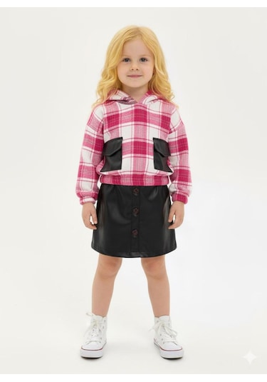 Kız Çocuk Kapüşonlu Ekose Oduncu Sweatshirt Deri Etekli Takım Pembe