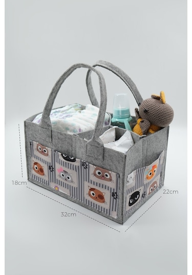 Jasper Kedi Figürlü Desenli Gri Keçe Anne Bebek Bakım Çantası Or Gri