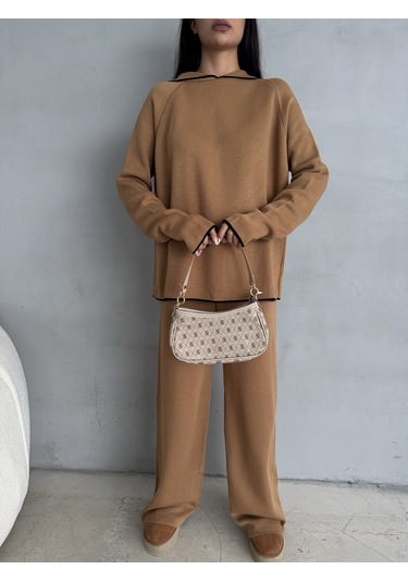 Kadın Kapüşonlu Çizgi Detaylı Triko Alt-üst Takım Camel