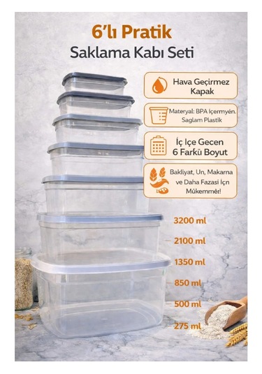 Ceritoğlu Hava Geçirmez 6'lı Saklama Kabı Stackable Iç Içe Geçer-bpa Free-dikdörtgen Şeffaf