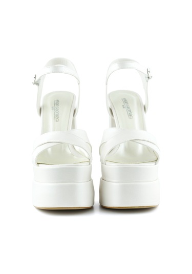 Erkan Saçmacı Whitney İnci Beyaz Sedef Önü Arkası Açık Çift Platformlu Bantlı Abiye Gelin Ayakkabısı
