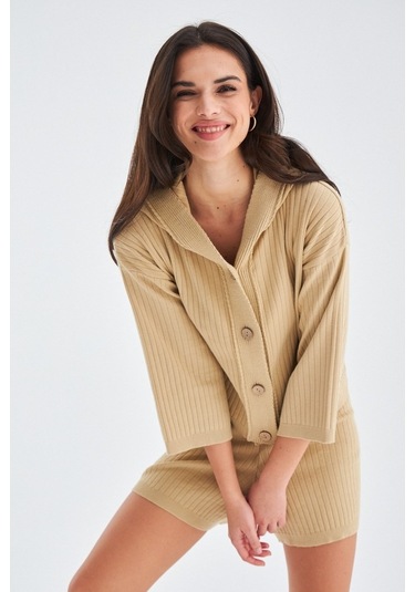 Peraluna Mujo Cardıgan & Shorts %100 Pamuk Kadın Triko Şort Takım Bej