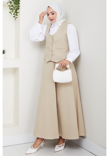 İkili Gabardin Yelek Etek Takım 1400 - Bej Bej