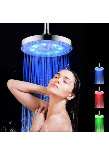 Yunboo 8 İnç Dairesel Led Duş Başlığı, Su Akışı İle Çalışır, Sıcaklık Algılayıcı Rgb Renk Değiştirme Özelliği, Metal Yapı Gümüş