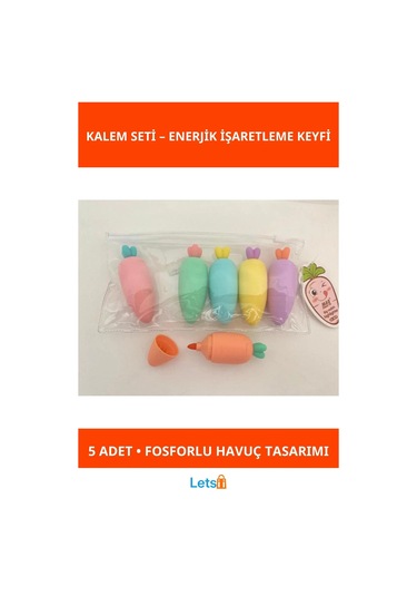 Havuç Tasarımlı Renkli Fosforlu Kalemler 5 Adet Çok Renkli