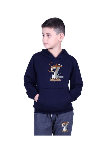 Kapüşonlu Kanguru Cepli California Baskılı Erkek Çocuk Eşofman Takımı Lacivert - Füme