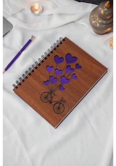 Balonlu Bisiklet Ahşap A5 Spiralli Okul Defteri - Çizgisiz Defter Ahşap Rengi Ceviz A5 Notebook