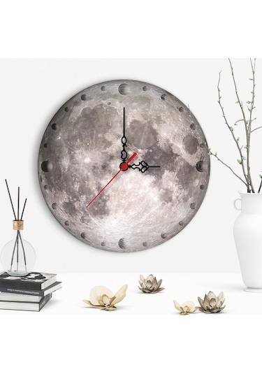 Dekoratif Dolunay Tasarımlı Ahşap Duvar Saati Çok Renkli