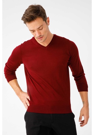 Desen Triko Erkek Basic V Yaka İnce Triko Kazak 02421602 Bordo Bordo