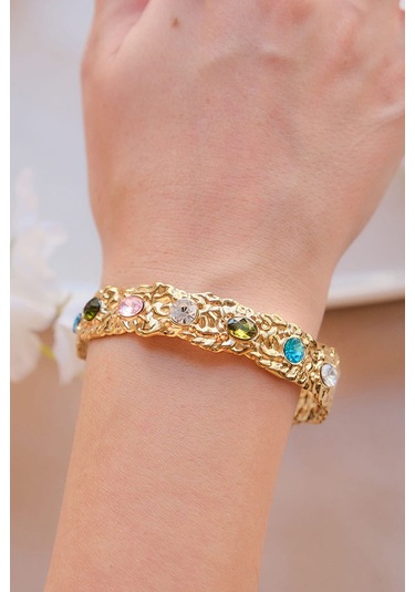 Gold Vintage Renkli Zirkon Taşlı Çelik Kelepçe Bileklik Gold