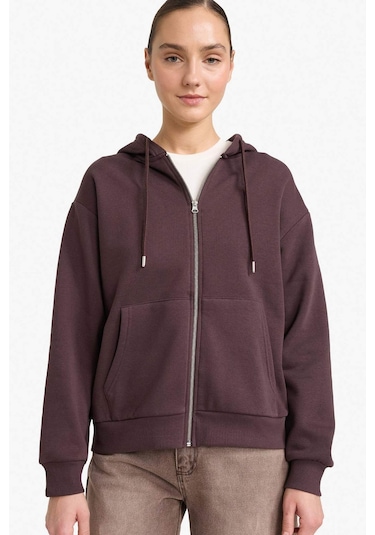 Defacto Relax Fit Kapüşonlu Basic Düz Kalın Fermuarlı Sweatshirt C1809ax25aubn340 Kahve-bn340