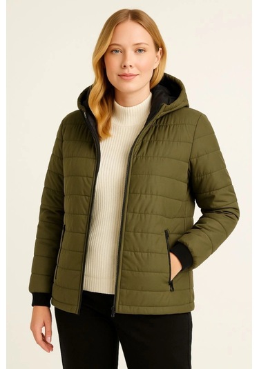 Şişme Kapüşonlu Fermuarlı Mont Su Itici Kapitone Astarlı Kumaş Cepli Kışlık Rahat Kalıp - Haki Haki