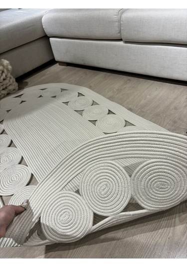 Krem Jüt Hasırlı El Örgüsü Kilim Beyaz