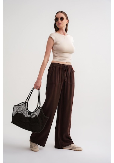 4629 Kadın Bol Paça Yüksek Bel Viskon Palazzo Pantolon Kahve Kahve