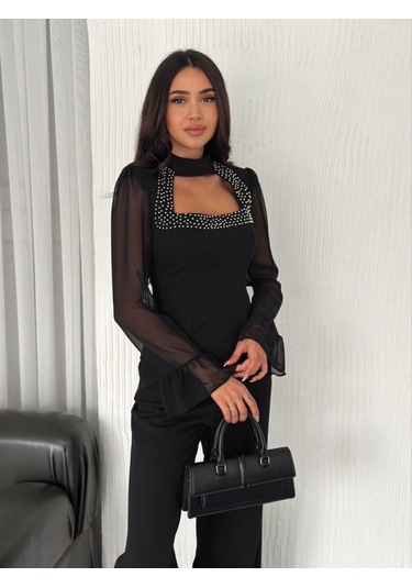 Reka Moda Kolları Şifon Göğüste İnci Boncuk Detaylı Bluz - Siyah Siyah