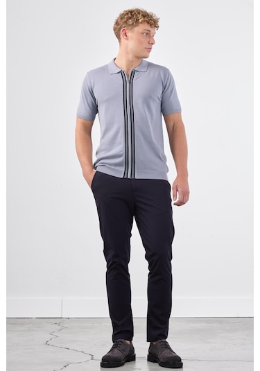 Dufy Gri Polo Fermuar Yaka Düz Kısa Kollu Slim Fit Erkek Triko Gri