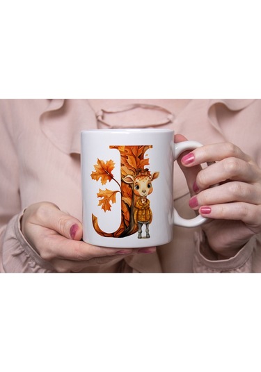 J Harf Sonbahar Yaprak Temalı Kupa Bardak - Sevimli Figürler İle Alfabe Harfli Bardak - Kişiye Özel Beyaz