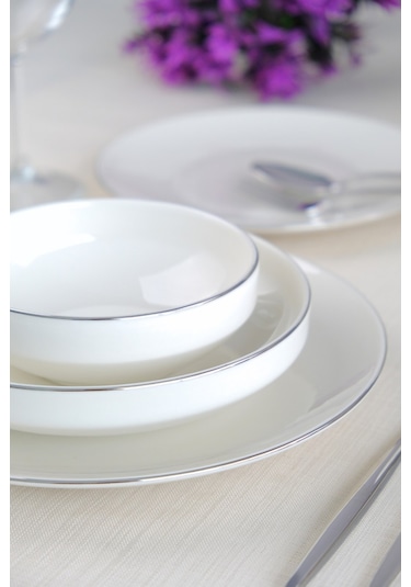 Tabak Evi Sofia Platin Porselen Yemek Takımı 24 Parça 6 Kişilik Beyaz - Gümüş