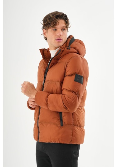 Erkek Kapüşonlu Fermuarlı Cepli Kışlık Şişme Kısa Mont KİREMİT